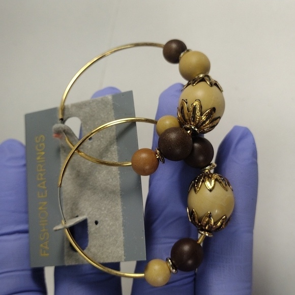 Boho Beaded Hoop Earrings – Natural Wood Look Beads, Gold-Tone Wire – Jewelry #2 - Picture 5 of 7